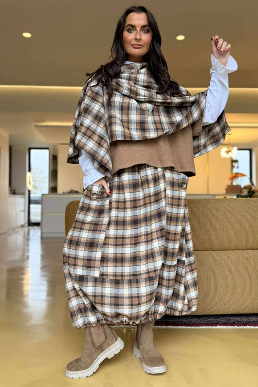 Roberta Plaid Brushed Cotton Drape Cape Camel